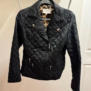 Laundry By Shelli Segal Black Quilted Moto Jacket with Leopard Lining